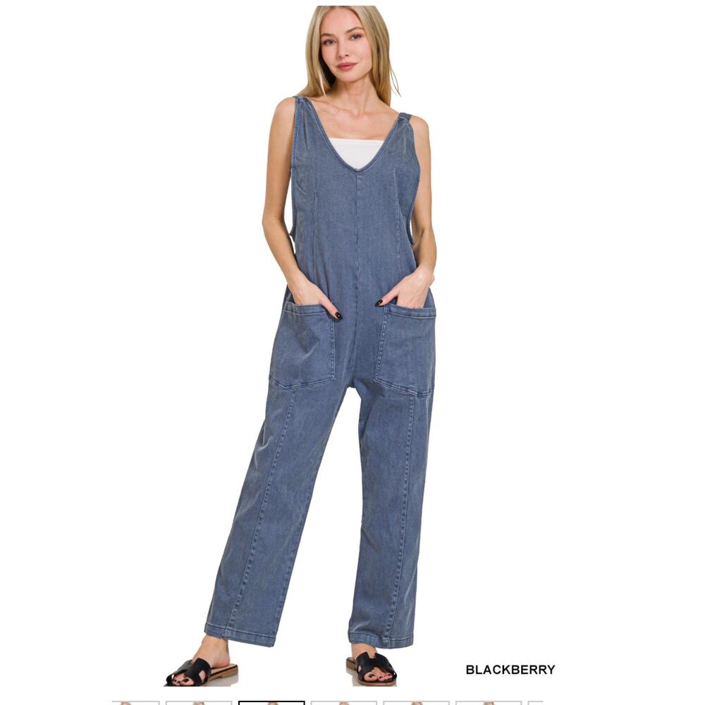 Zenana - Denim Overalls with Adjustable Strap Jumpsuit (Blackberry) - Small